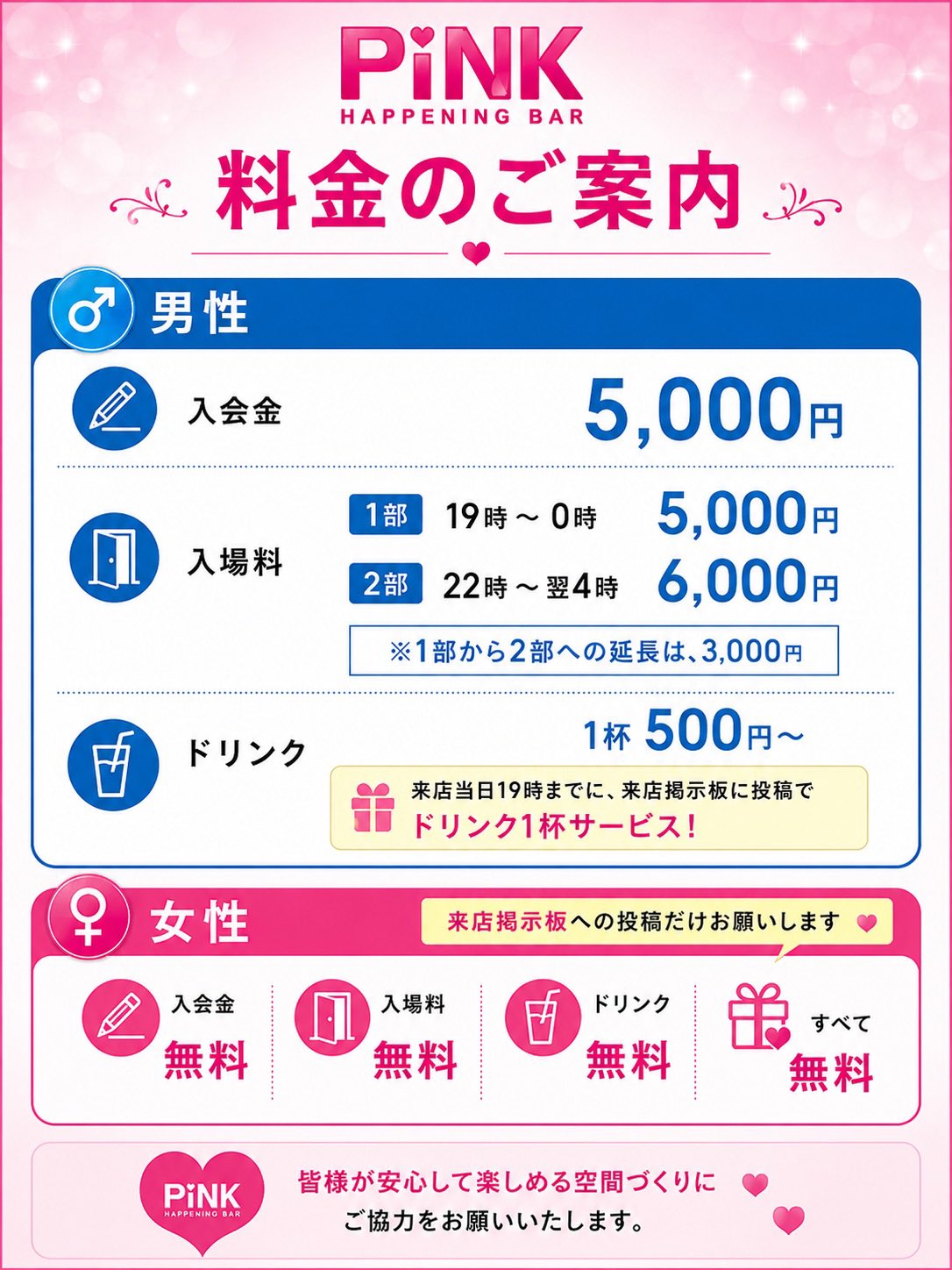 沖縄浦添の新ハプニングバーピンクの料金システム 【男性】入会金5,000円 一部入場料（19:00〜0:00）5,000円 二部入場料（22:00〜翌4:00）6,000円 一部から二部への変更は3,000円 ドリンク一杯500円 【女性】入会金、入場料、ドリンク、プレゼントすべて無料