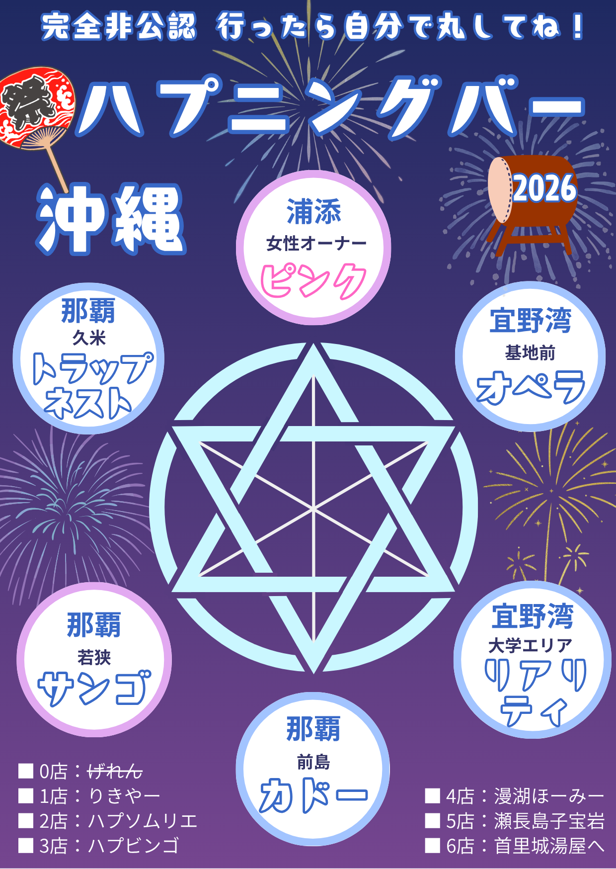 沖縄ハプニングバースタンプラリー 2026年版(①那覇市辻「カドー」 ②那覇市若狭「サンゴ」 ③那覇市前島「トラップネスト」 ④浦添市内間「ピンク」 ⑤宜野湾市真栄原「リアリティ」 ⑥宜野湾市大山「オペラ」)